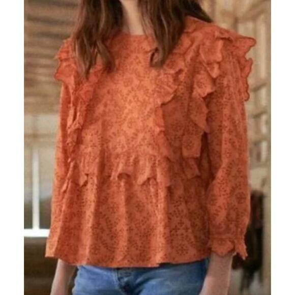 The Great. Eyelet Flutter Top 3/4 Sleeve Ruffle Peasant Blouse Orange Size 2 - Picture 1 of 11